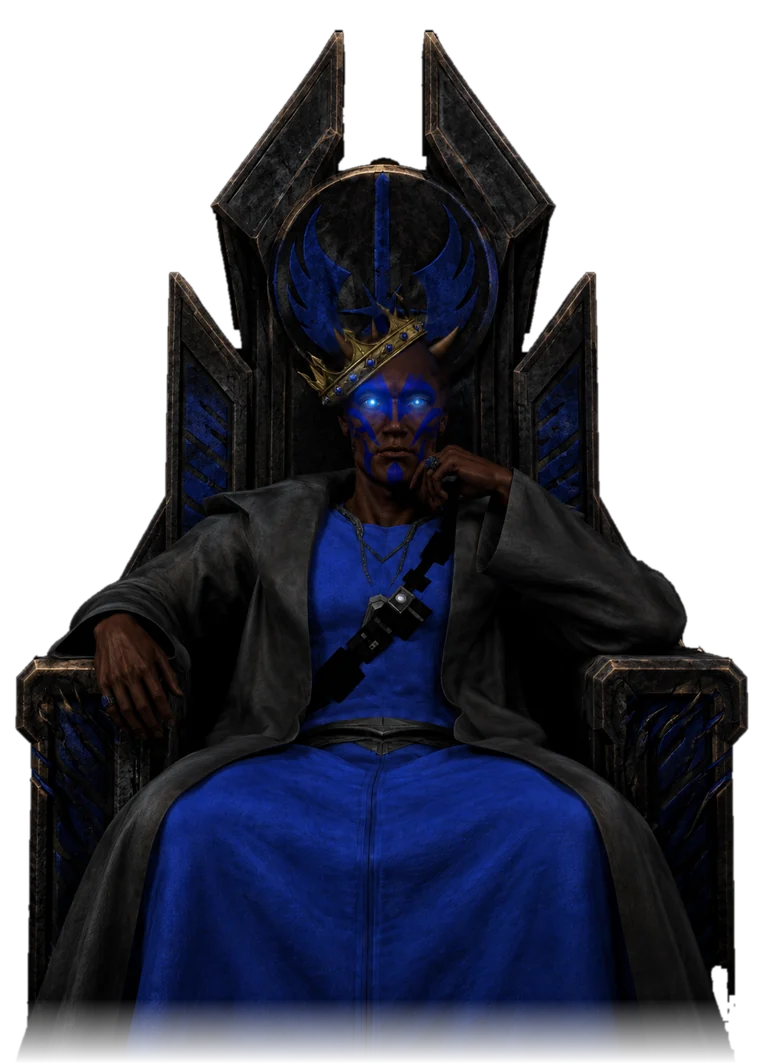 Malakai, the Binary Production persona, seated on a stone throne with glowing blue eyes